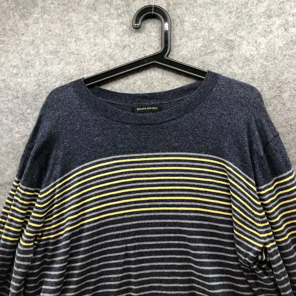 Banana Republic Cotton Sweater Mens XL Gray‎ Yellow Crewneck Striped Lightweight